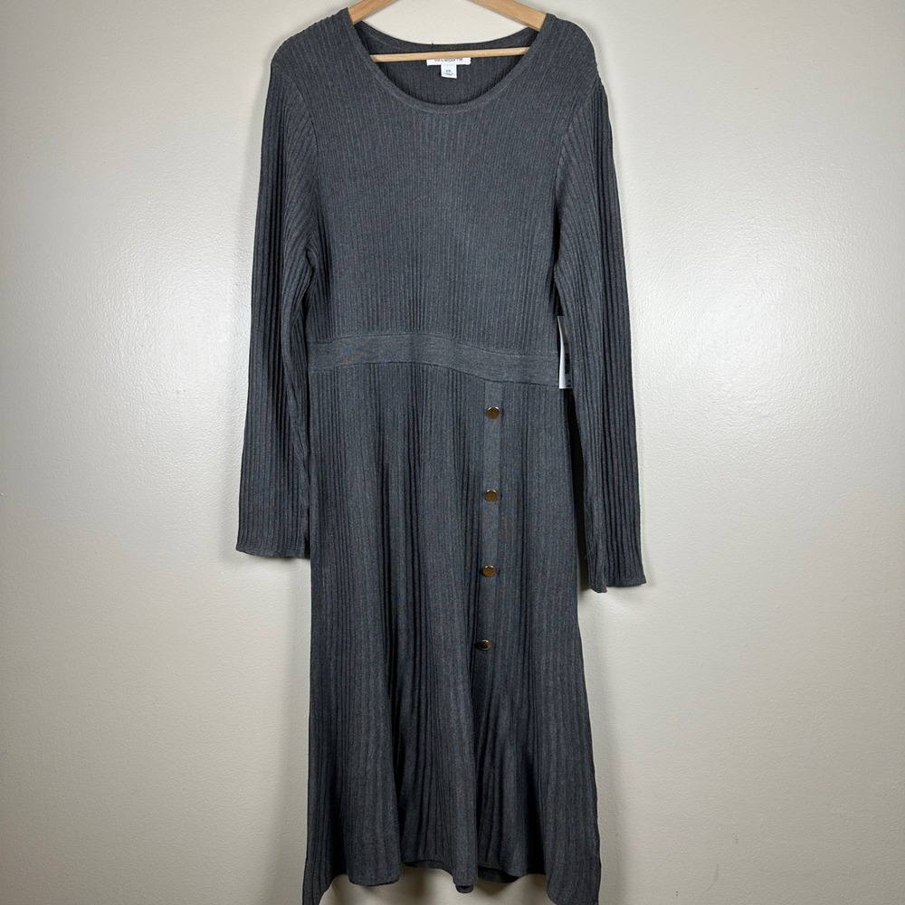 Liz Claiborne Women's XXL Midi Dress Charcoal Heather Ribbed Button Detail NEW